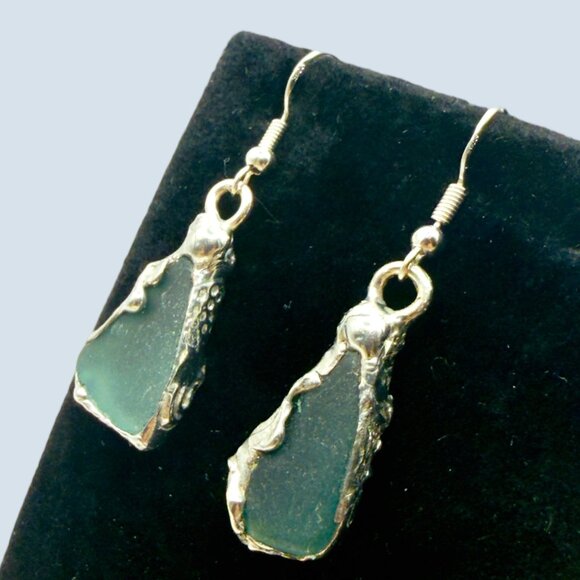 Handmade Sea Glass Earrings With Artisan Silver Blend Cabochons & 925 Hooks - Picture 6 of 13